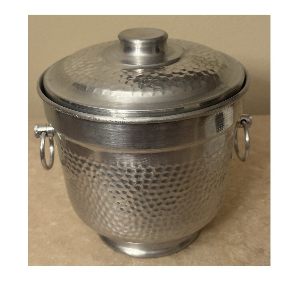 Nasco hammered Aluminum Ice Bucket with Lid and Handles, Italy 1950s-1960s